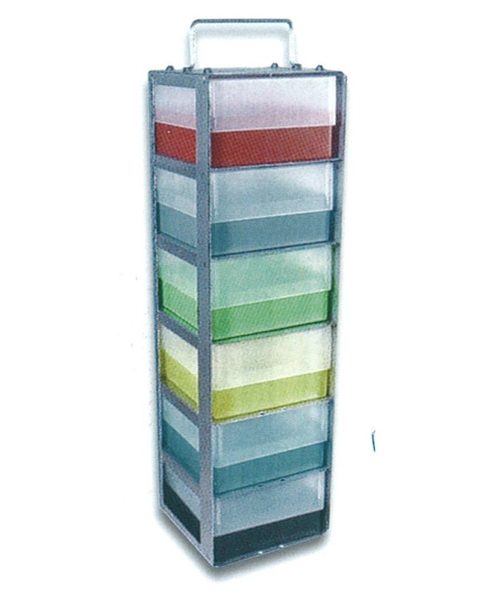 Box verticale in acciaio con maniglia, per 6contenitori h.75mm, 140x140x485mm